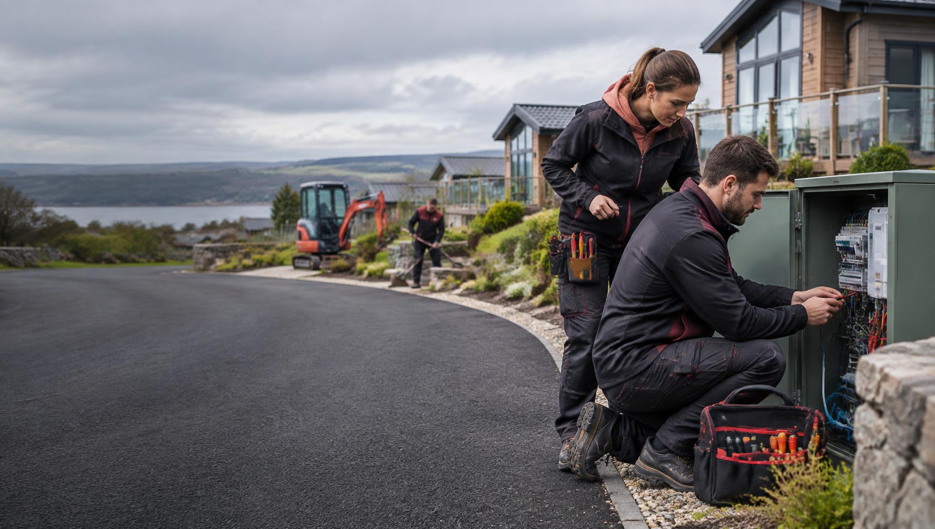 Skilled technicians working on site at a UK holiday park